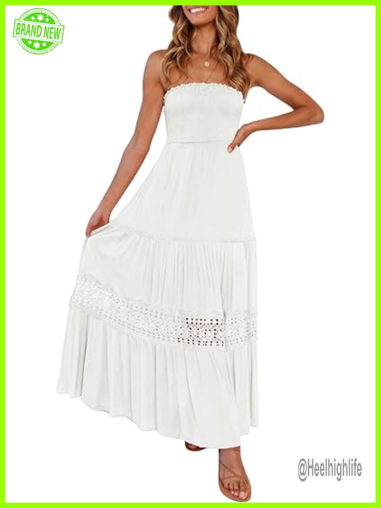 Strapless Off Shoulder Lace Maxi Dress A-Line Flowy Beach Vacation Sundress